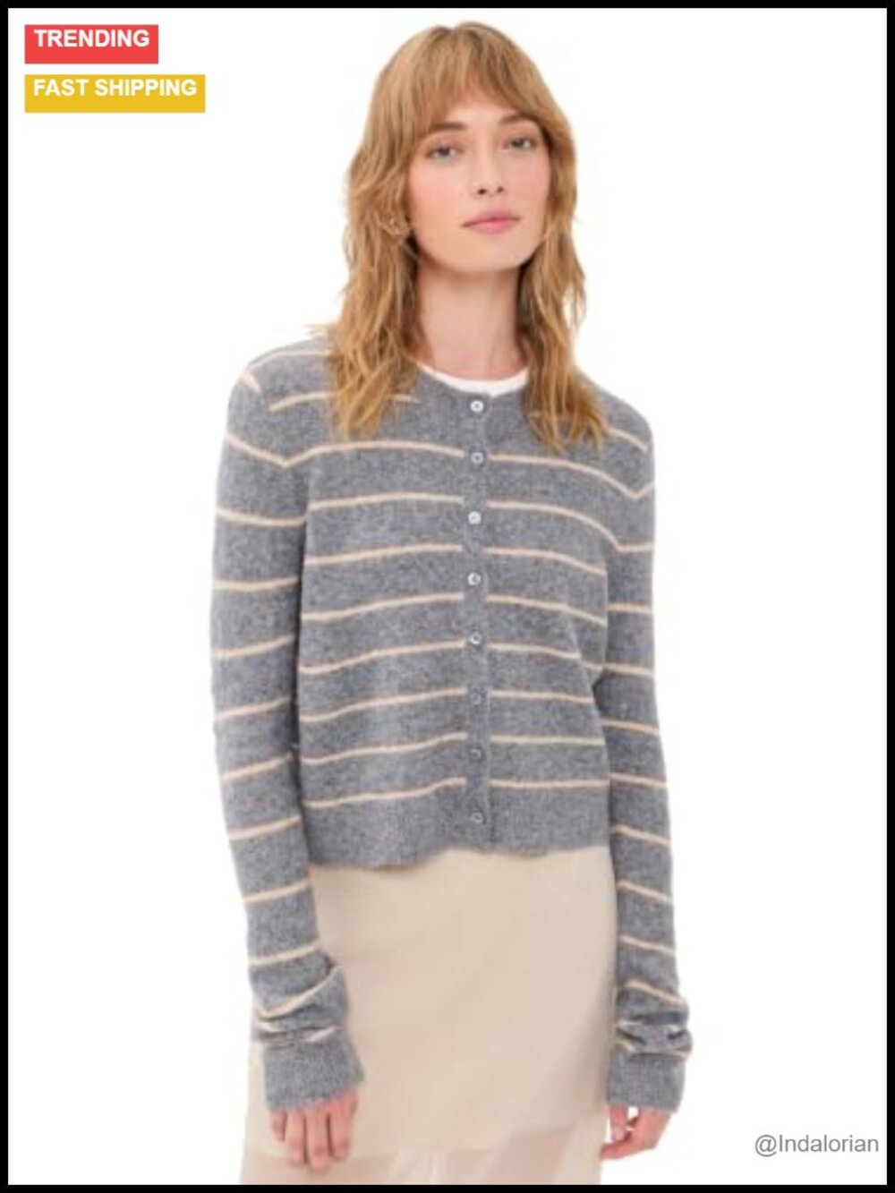 Mid-Weight Striped Cardigan Button Front Long Sleeve (Charcoal)